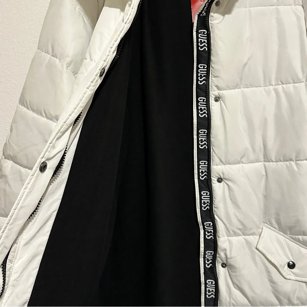 Guess White Black Longline Hooded Zip Button Puffer Jacket / Coat Size XL